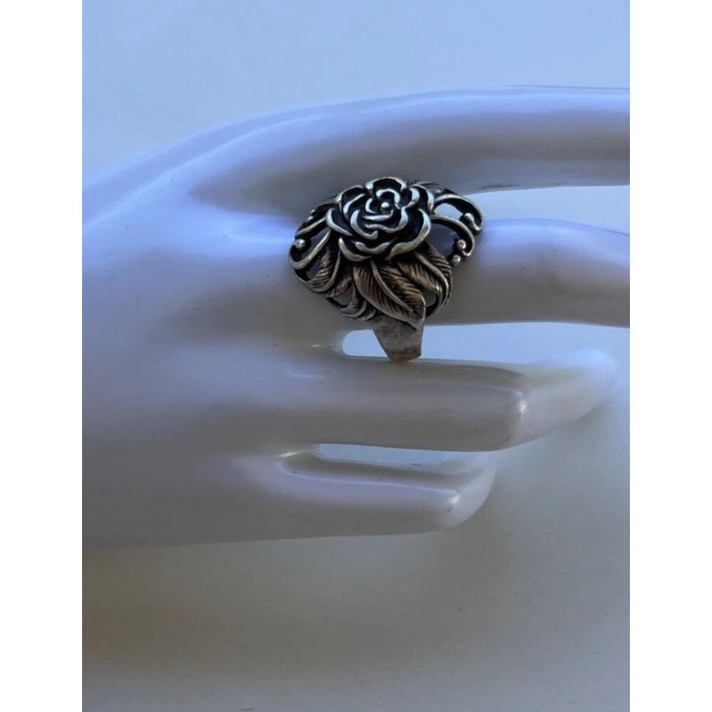 Vintage 925 Sterling Silver Carved Rose Flower Ring size 10 Signed Stamped